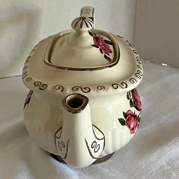 Gibsons England Tea Pot 3 Cup Pink Roses Platinum Scrolls & Trim W/ Lid Vintage - Picture 3 of 10
